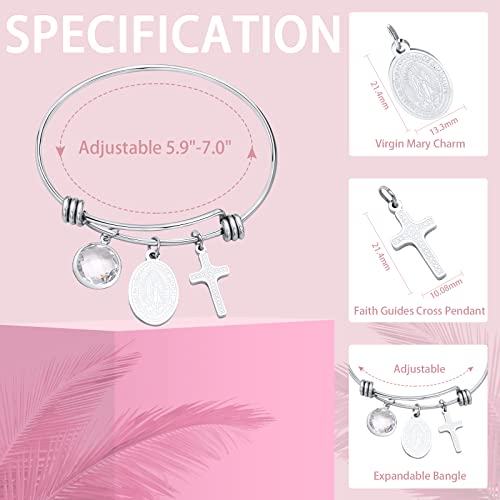 Women Cross Bangle Bracelet - Stainless Steel Expandable Bangle Bracelet With Cross & Virgin Mary Miraculous Medal Charm, Religious Easter Christian Baptism Jewelry Gift For Women Girls Prayer #TOP7