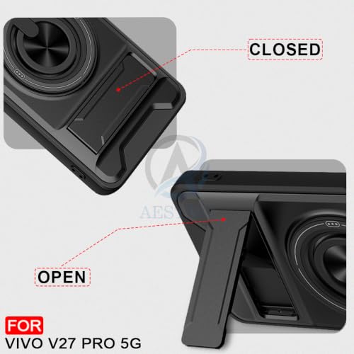 Image of AESTMO Vivo V27 Pro 5G Back Cover | Armor Camera Slider 360 Degree Rotating Finger Ring Holder Case with Bracket Stand Back Case Cover (Compatible with MagSafe Accessories) (Black)