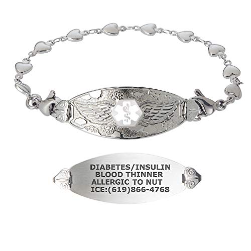 Divoti Custom Engraved Medical Alert Bracelets for Women, Stainless Steel Medical Bracelet, Medical ID Bracelet w/Free Engraving  Angel Wing Tag w/Heart Link -White-7.5