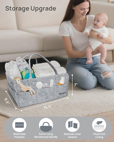 Image of Feagar Baby Diaper Caddy Organizer, 15 Inch Large with 8 Pockets & 2 Dividers, Portable Nursery Storage Basket & Car Organizer for Changing Table, Travel (Grey)