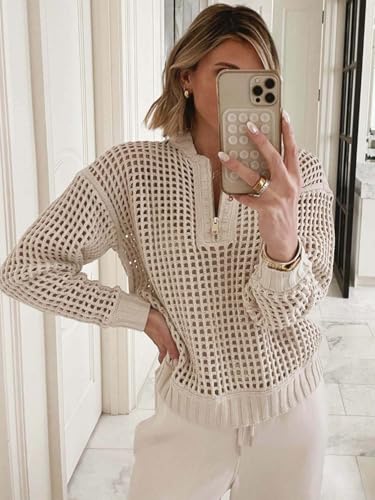 Women's Crochet Quarter Zip Sweater Hollow Out Long Sleeve Knit Pullover Sweater Tops2