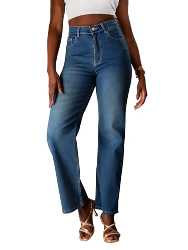 High Waisted Wide Leg Jeans, Classic Dark Blue Denim, Straight Cut