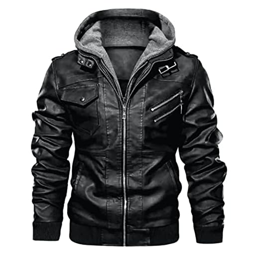 WSLCN Jaqueta Masculina de Couro Sintético Casual Jaqueta de Motocicleta com Capuz Removível Preto 3XG