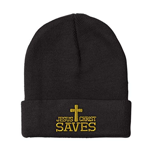 Speedy Pros Beanies for Men Jesus Christ Saves Embroidery Christian Symbol Winter Hats for Women Acrylic Skull Cap 1 Size Black Design Only