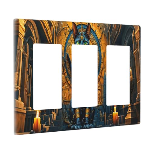Decorative Outlet Covers Egyptian Black Cat Vintage Gold Decorated 3 Gang Wall Plate Triple Rocker Light Switch Cover Plate Jumbo Electrical GFCI Faceplate for Bedroom Home Decor