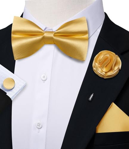 Image of Solid Color Bow Ties for Men Silk Pre-tied Tuxedo Bowtie Set 4PCS | Pre-tied in 3 seconds,adjustable 4PCS bow tie and pocket square cufflinks lapel pin set,wedding,formal,party,prom,graduation
