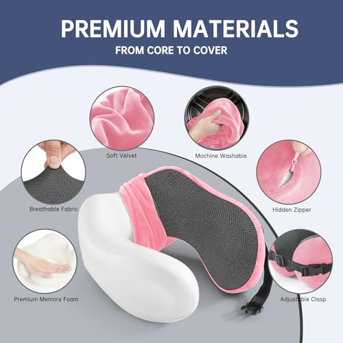 Image of Neck Pillow Travel Pillow - 100% Pure Memory Foam Airplane Pillow with Adjustable Clasp & Removable Cover, Portable Travel Essentials for Long Flights, Car & Office (Pink, with Eye Mask)