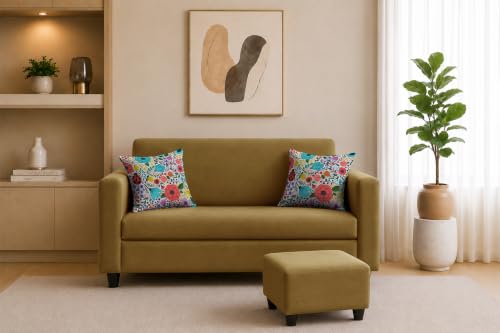Image of Rosebell 2 Seater Sofa with Ottoman | Living Room Couch | with Printed Cushions | Sofa for Home, Apartment & Office-Golden Color