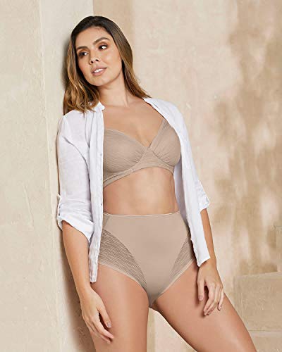 Leonisa Tummy Control Underwear for Women - High Waisted Sheer Lace Shapewear Panties - Seamless Compression Underwear - Beige, Small