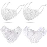 4 Pieces Flower Girls Gloves Communion Face Coverings, Lace Short Princess Bowknot Gloves, White...