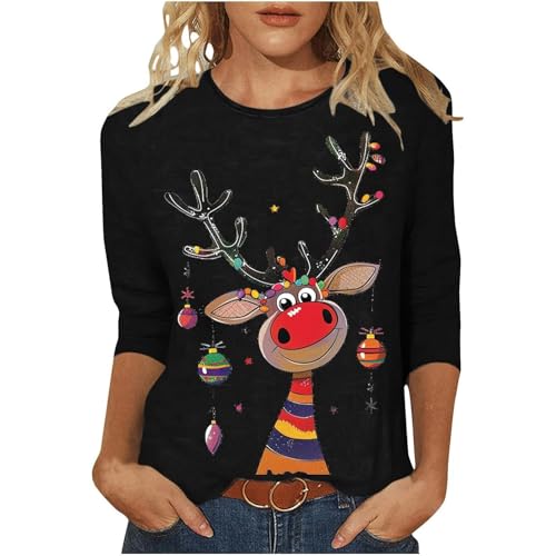 Ladies Christmas Tops Christmas Jumpers for Women Xmas Tree Print Xmas T-Shirts Plus Size Novelty Funny 3/4 Sleeve Elf Santa Print Reindeer Graphic Blouse Ugly Tee Shirt Pullover (1118-C-Black, S)