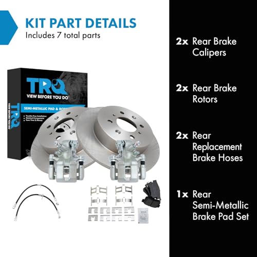 Image of TRQ Rear Brake Pad and Rotor Set Semi Metallic Rotors Calipers Hoses Compatible with 2002-2003 Honda Civic
