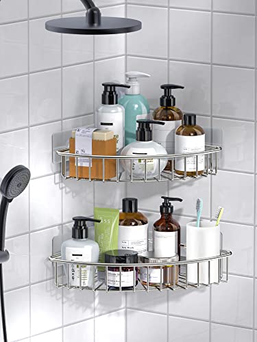 Image of SMARTAKE 2-Pack Corner Shower Caddy, SUS304 Stainless Steel, Wall Mounted Bathroom Shelf with Adhesive, Storage Organizer for Toilet, Dorm and Kitchen (Silver)
