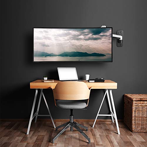Image of AVLT Single 17.6 Lbs Monitor Wall Mount - Mounts Ultrawide Monitor On Extra Long Full Motion Adjustable Arm - Organize Your Work Surface With Ergonomic Viewing Angle Vesa Mount | Supports flat /curved /ultrawide screens up to 19.8 lbs. Smooth gas spring control, VESA 75x75 /100x100 and clean cable routing