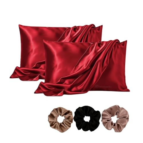 Image of Satin Pillow Covers Set of 2 - Soft & Smooth Pillowcases for Hair & Skin Care | Envelope Closure | Includes 3 Free Random Color Scrunchies | Frizz-Free Sleep Essentials (Red)