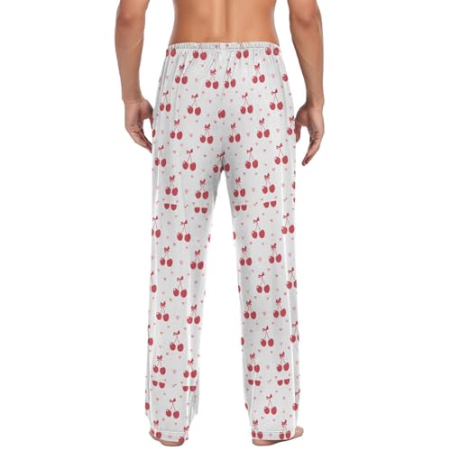 Men’s Cherries and Bows Pajama Pants with Pockets, Comfortable Lounge Sleep Bottoms#5052