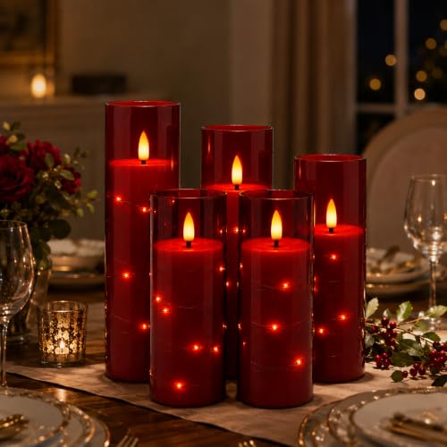 Image of Da by 5 Pack Red Transparent Acrylic Flameless Taper Candles, Flickering Black Wick LED Candles with Copper Wire Lights, Heat Resistant ABS Candles with Remote for Indoor Outdoor Decor