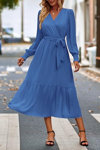 Image of PRETTYGARDEN Women's Floral Boho Dress Fall Long Sleeve Wrap V Neck Ruffle Flowy Maxi Spring Wedding Guest Vacation Dresses