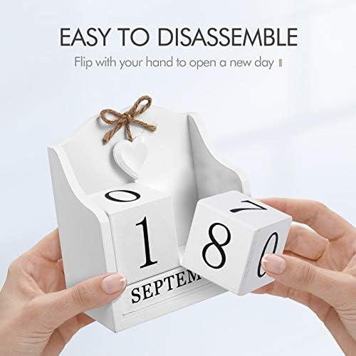 LIOOBO Wooden Calendar Blocks, Desktop Perpetual Calendars Blocks Calendar Month Date Display Home Office Decoration (White)