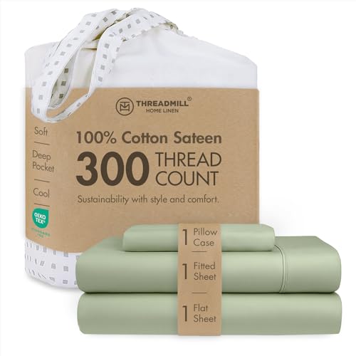 Image of Threadmill 300TC Cotton Twin Sheet Set, Sateen, Solid, Sage Green, 3-Piece | 100% Cotton, Sateen Weave, 3-Piece Set, 16 inch Deep Pocket, Cooling, Fade-Resistant, Breathable, OEKO-TEX Certified