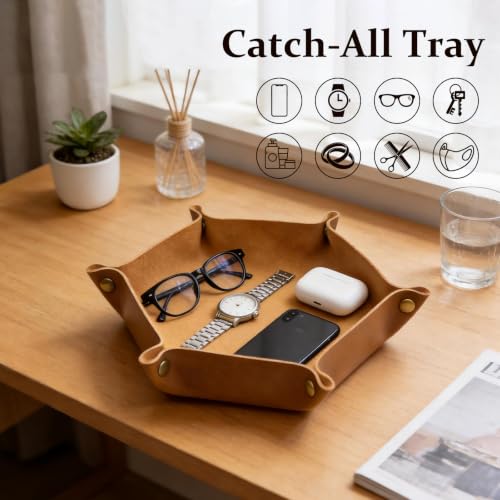 Image of boshiho Valet Tray for Men, Leather Jewelry Catchall Key Phone Coin Box Change Caddy Bedside Storage Box (Tan)