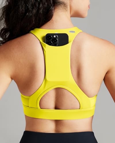 Image of QUEENIEKE BareFlow Women's Sports Bras with Phone Pocket Medium Impact Padded Racerback Workout Gym Crop Top Running Yoga Bra