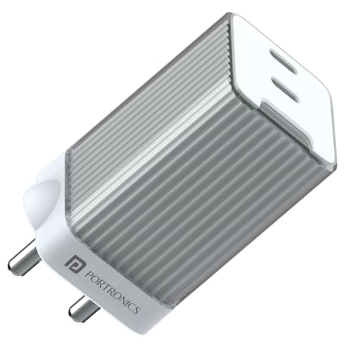 Image of Portronics Adapto 4 Fast Charging Adapter, 45W High Power Wall Charger with Dual PD 3.0 Ports (Port 1-25w,Port 2-20w) Type C Charger for All Smartphones,Type C Enable Devices and iPhones.(White)
