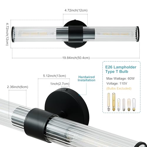 Image of Bathroom Vanity Light Fixtures, Black Wall Sconces in Threaded Glass, Modern Wall Light for Bathroom Living Room Bedroom, Hallway - Bulb Not Included