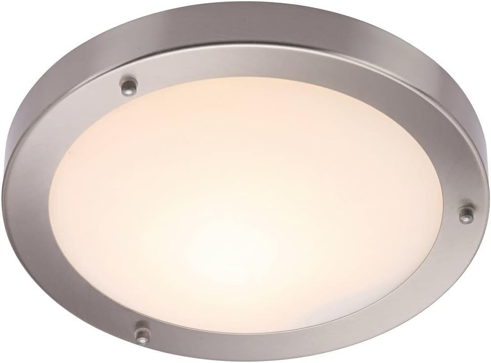 National Lighting Portico IP44 Rated Flush Round Satin Nickel 300mm Disc Dimmable Bathroom Ceiling Light Fitting with Frosted Glass Shade Zone 2
