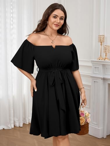 Image of SCOMCHIC Womens Plus Size Cocktail Dress Summer Off Shoulder Short Sleeve Flowy Ruffle A-Line Cute Mini Dress with Belt