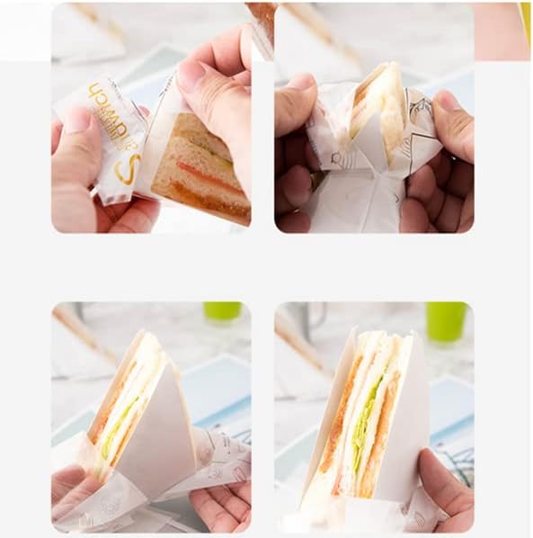 Miniatura 3 de Juego de 100 bandejas de papel pequeñas para sándwich y bolsas de sándwich de plástico, caja de cuña desechable de 4.5 x 4.5 x 2.5 pulgadas, fácil