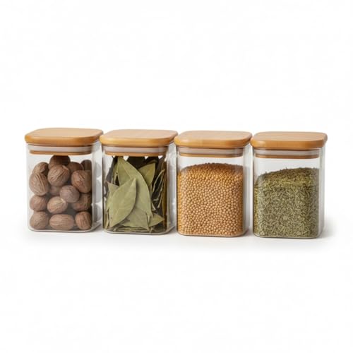 Image of Airtight Square Glass Storage Jar with Bamboo Lid, 280ml Pack of 4 | Borosilicate Multipurpose Kitchen Container for Coffee, Tea, Sugar, Masala, Spices & Dry Fruits | Transparent Pantry Organizer