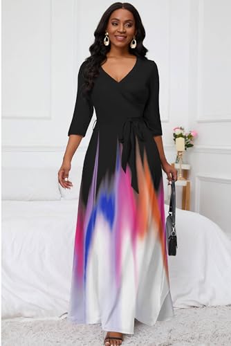 Image of AOMONI Maxi Dress for Women Gradient Casual Long Sundress V Neck 3 /4 Sleeves with Belt