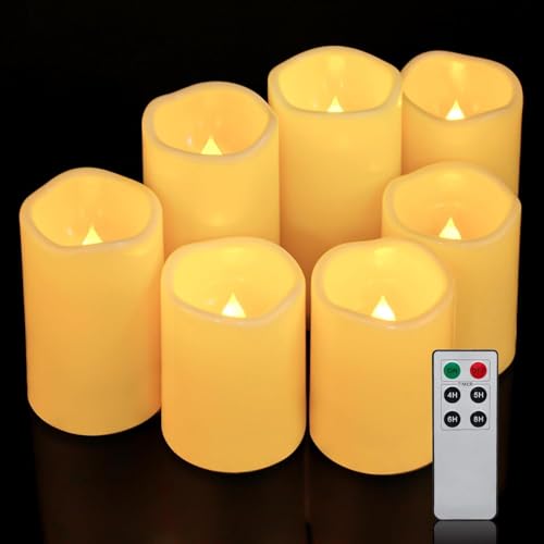 Aignis 7pcs Flameless LED Candles Battery Operated with Remote Timer, Outdoor Indoor Waterproof, Warm Glow for Cozy & Romantic Home/Wedding/Holiday Décor (D 3'' x H 4''/5''/6'')