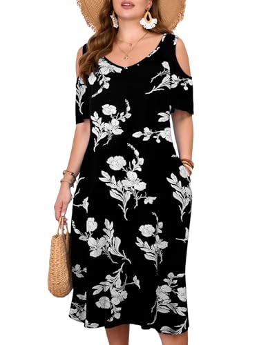 Image of LARACE Plus Size Women Dress for Summer, Midi Women's Sundress, Casual V-Neck Short Sleeve Flowy T-Shirt Dresses with Pockets