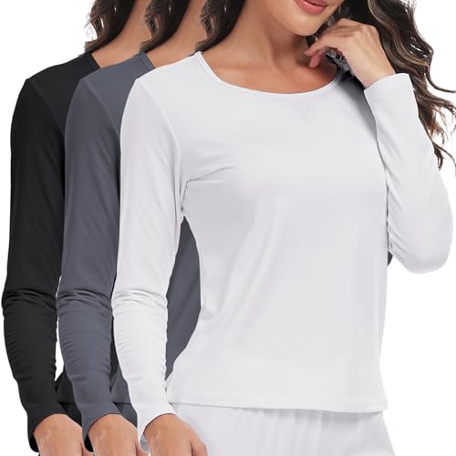 ZUTY 3 Pack Long Sleeve Thermal Shirts for Women Tops Long Johns Lightweight Winter Clothes Warm Base Layer Black-White-Grey L