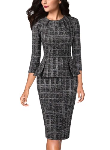Image of VFSHOW Womens Pleated Crew Neck Peplum Slim Work Business Bodycon Dress | 3 /4 Sleeves, Professional Elegant Church, Funeral, Spring Fall, Fitted Office Pencil Sheath Dress