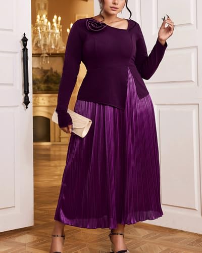 ONTINVA Womens Business Work Office Long Sleeve V Neck Peplum Flare A line Pleated Dress Church Rose Ruffled Maxi Dress2