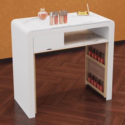 Mesa de manicura profesional moderna con tapa de cristal de madera con cajones y almacenamiento abierto, muebles de salón de uñas, color negro, 82 cm, esencial para salón de belleza