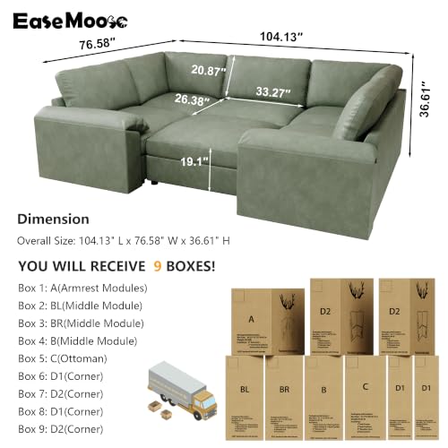 Image of EASE MOOSE Leather Sectional Couch Sleeper, Modular Sofa Bed, Green