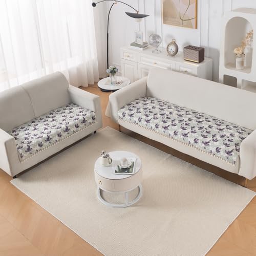 Image of HOKIPO Lavender Vine Quilted Sofa Cover 5 Seater Set with Tassels - Washable 3+2 Sofa Cover Mat |'Tassel Twigs' Series (IN-985-T1 + IN-983-T1)