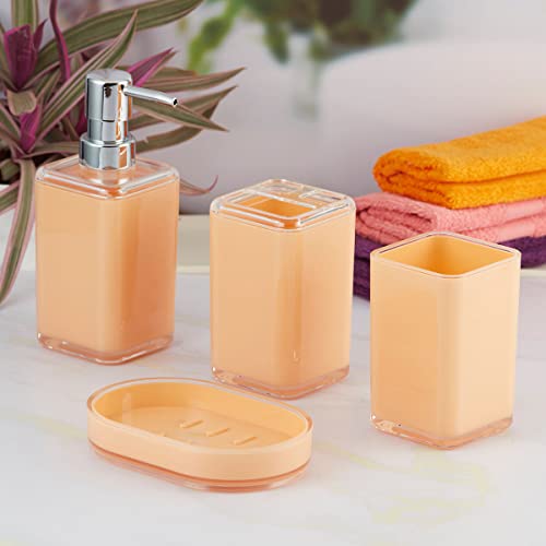 Image of Kookee Acrylic Bathroom Set - Stylish 4 Piece Bath Accessories Kit with Soap Dispenser, Toothbrush Holder, Tumbler & Soap Dish - Modern & Designer Decor for Home & Guest Bathrooms (10047)