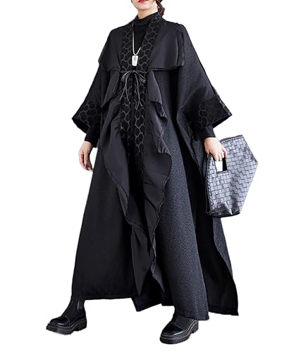 Women's Coat Solid Black Long Sleeve Split Flowy Hem Oversize Length to Ankle Loose Fall GZ271 A