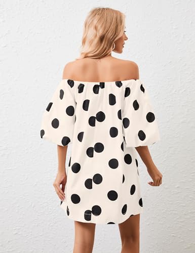 Summer Off The Shoulder Polka Dot Mini Dress Puff Sleeve Baggy Flowy Cute Babydoll Dress Casual Loose Short Dresses3