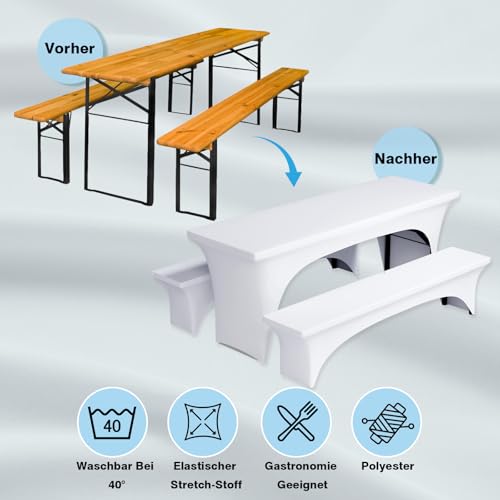 Pacok Biertischhussen Elastisch Set 3tlg,Tischhussen für Bierzeltgarnitur Bierbank Hussen Stretch Weiß Bierzelt Hussen für 50cm Tischbreite(220x50x80cm)