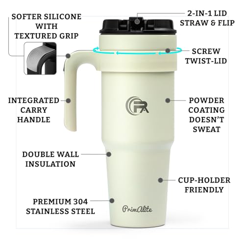 Image of Primalite 1200ML Stainless Steel Insulated Tumbler with Handle | 2-in-1 Straw & Flip Lid | 40oz Travel Mug Bottle for Hot, Cold Drink | Fits in Car CupHolder for Water, Iced Tea, Coffee- Creamy Beige