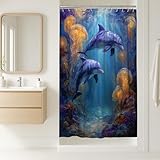 Delfin-Duschvorhang, Ozeanblau, Meeresleben, Badezimmer-Dekor, Sommer, nautisch, moderne Kunst, wasserdichter Stoff-Duschvorhang mit Haken, 91,4 x 183,9 cm