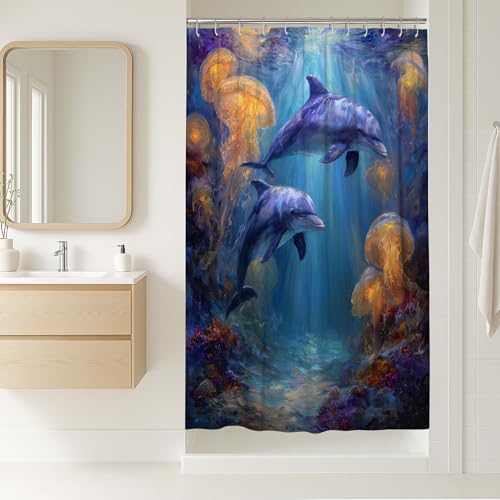 Delfin-Duschvorhang, Ozeanblau, Meeresleben, Badezimmer-Dekor, Sommer, nautisch, moderne Kunst, wasserdichter Stoff-Duschvorhang mit Haken, 91,4 x 183,9 cm