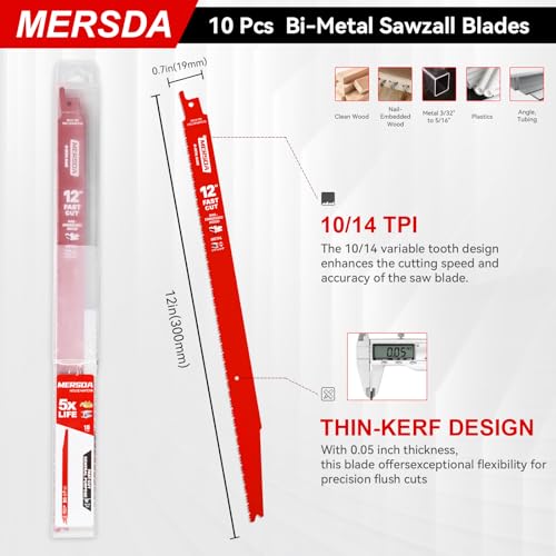 10 Pack 12 Inch 10/14 TPI Bi-Metal Reciprocating Saw Blades for Nail-Embedded Wood,3/32" to 5/16" Medium Metals Flush Cut-Compatible with Diablo Bi-Metal Sawzall Blade by Mersda - Image 7