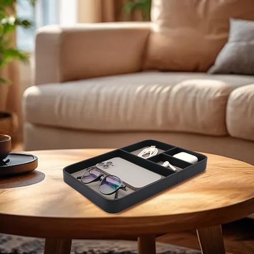 PU Leather Valet Tray, Stylish and Organized Entryway Bedside Desk tray, EDC Catchall Tray for Phone Keys Watch Wallet Jewelry (Black) - Image 5